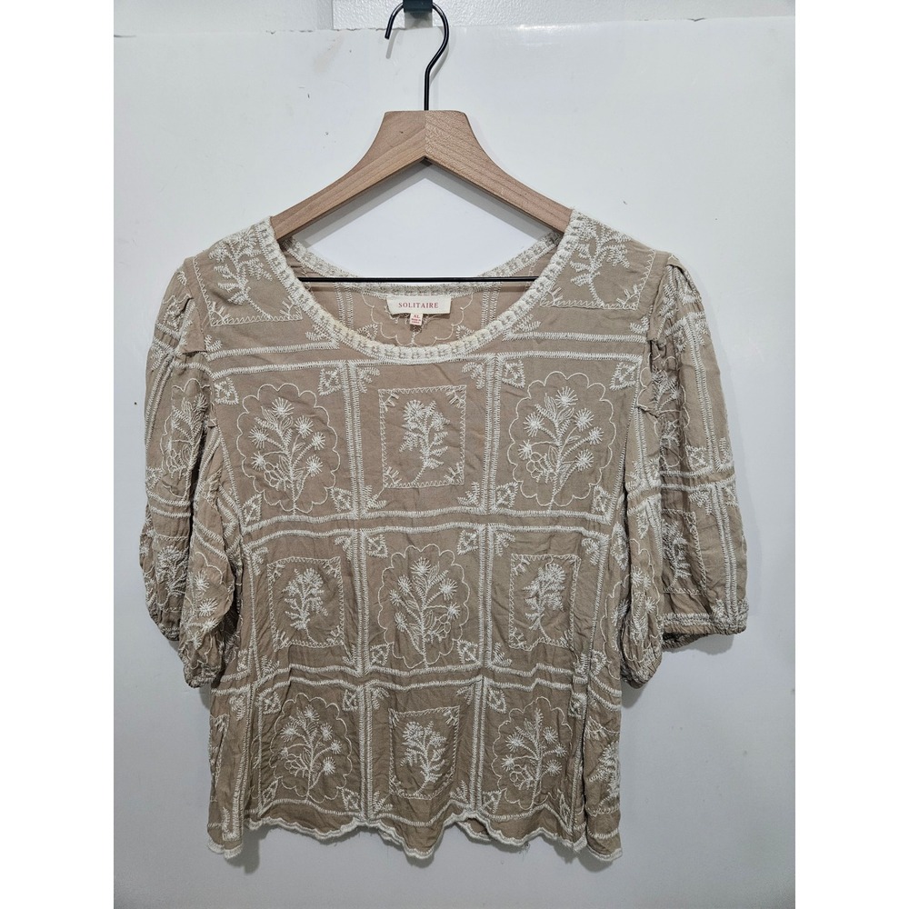 Solitaire XL Embroidered Blouse Taupe Floral Puff Sleeve Boho Cottagecore Peasan